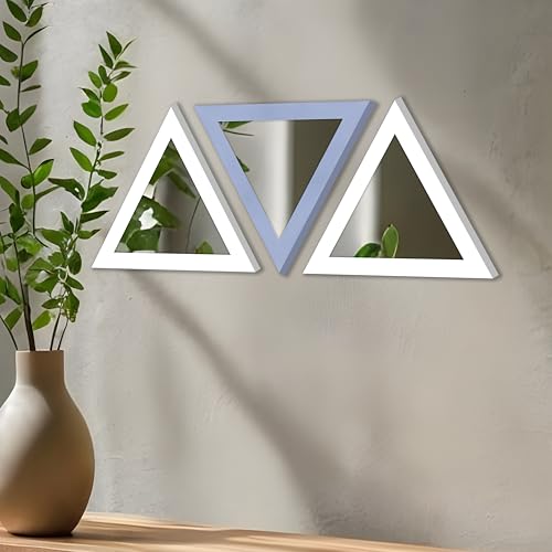Image of Art Street Acrylic Triangle Decorative Wall Mirror Set of 3 Triangle Shape Mirror for Home Decoration, (9x9 Inch, White, Light Blue)