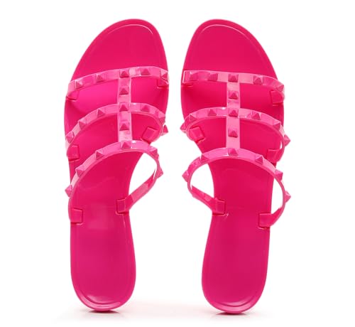 Image of Women Flats Sandals, Studded Jelly Shoes Size 9 Red Dressy Summer Beach Rivets Strappy Jellies Slide Slip On Open Toes