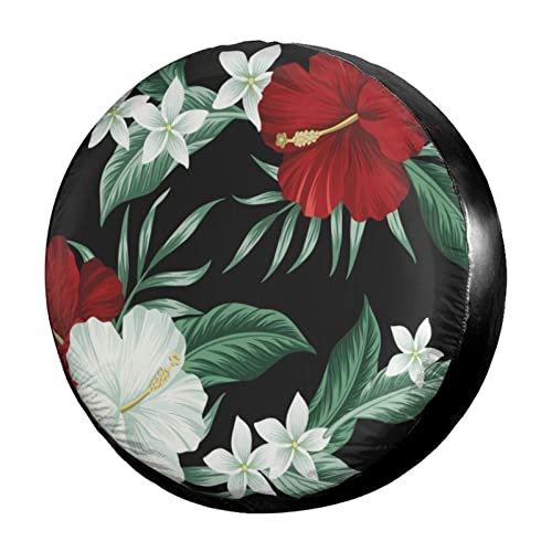 Foruidea Tropical Hawaiian Vintage Flower Red Hibiscus Spare Tire Cover Dust-Proof Wheel Tire Cover Fit Trailer, RV, SUV and Many Vehicle 17 Inch