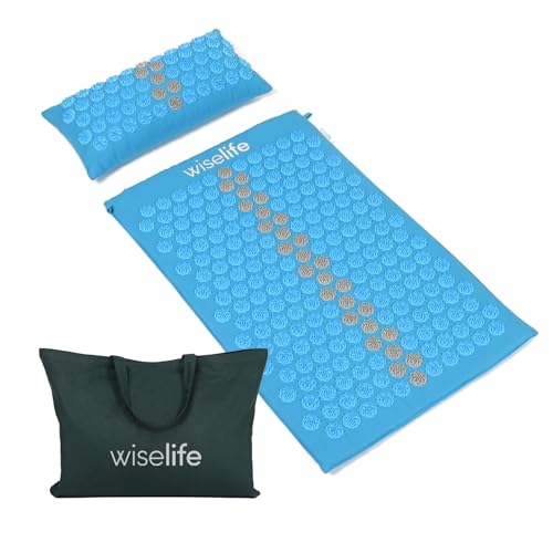 Image of Wiselife Acupressure Mat and Pillow Set with Bag - Large 71x44 cm Spike Acupressure Mat for Back & Neck Pain Relief, Muscle Relaxation, Stress Relief & Sciatica Support (Light Blue)