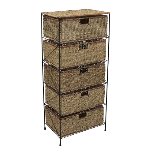 Household Essentials 5 Drawer Seagrass Wicker Storage Unit, Rattan Storage