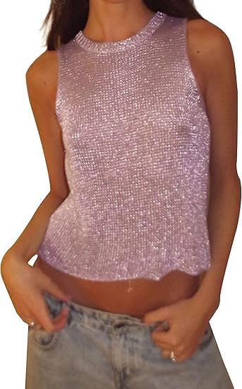 Meladyan Women Sexy Fishnet Knit Glittering Crop Tank Going Out Top Sheer Mesh Sleeveless Crewneck Solid Slim Cropped Tops