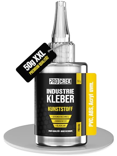 PROCREA Sekundenkleber (50g) Kunststoff [mit Anti-Austrocknungs-Spitze] Extra starker und transparenter Kunststoffkleber für alle Arten von Kunststoffen in bester Industrie-Qualität