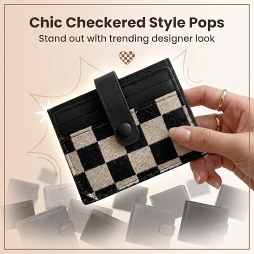 Image of TURBOOST Cute Slim Card Holder Canvas Front Pocket Checkered Wallet, Small Credit Card Case for Women (Black)