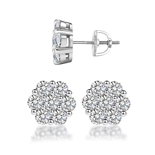 Delzzad Moissanite Earrings for Men, S925 Sterling Silver Flower Cluster Stud Earrings Screw Back Earrings for Women, 7-Stone Design (Silver, 6.1mm(0.5ct))