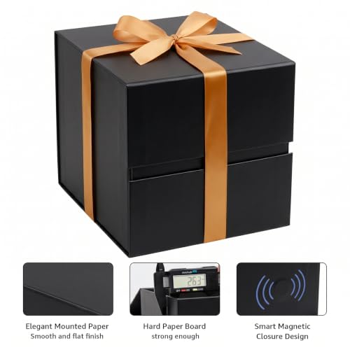 Image of LIFELUM Square Gift Box with Magnetic Lid, Card, Sticker, Ribbon, Shredded Paper Filler for Business, Wedding, Birthdays (Black, square - 8.6 inch, 1 count (Pack of 1))