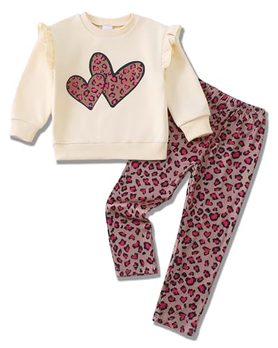 Jecson Toddler Girl Clothes Sets: Round Neck & Soft Outfits Ruffle Long Sleeves Heart-Print Sweatshirt and Leopard Pants Cute Fall Home Out 3T Beige