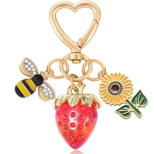 Rikhiua Stocking Stuffers Strawberry Keychain Bag Charm Bee Sunflower Keychain Reminder Gift for Women Friends Family Christmas Bday