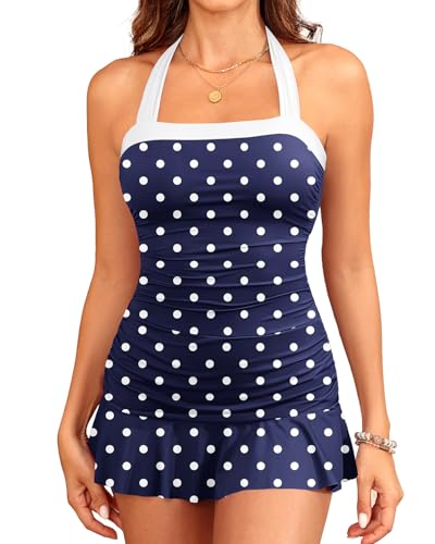 Image of Women One Piece Swim Dress - Tummy Control Swimsuit with Skirt Halter Bathing Suit