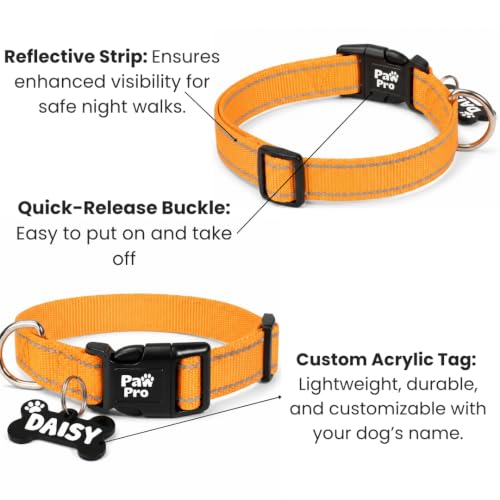 Image of PAWPRO HANDMADE Nylon Reflective Dog Collar With Customizable Bone-Shaped Tag Adjustable For Safety And Comfort, Fits 35-50 Cm Neck Black (Orange, Medium)