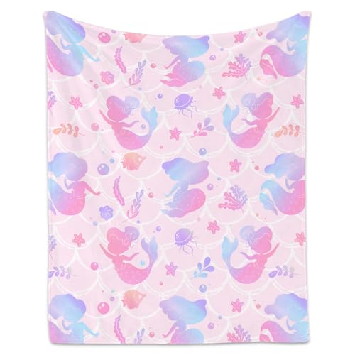 Mermaid Blanket Throws - 50x60 Inches Cute Throw Blanket for Girls - Blue Soft Fuzzy Blankets for Couch & Office