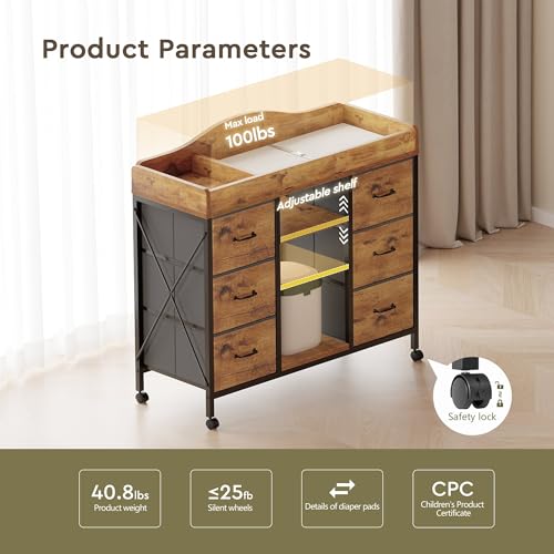 Image of YeTom Changing Table, 6-Drawer Dresser, Adjustable Shelves, Rustic Brown | Changing Table Dresser, Waterproof Diaper pad & Safety Strap, 6 drawers, Adjustable shelves, Mobile Nursery Organizer