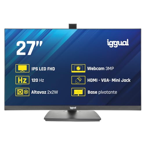 iggual Monitor 27” IPS Full HD   Pivotante, Inclinacion, Rotación y Giro 90º. Altura Ajustable   16:9 120 Hz   Webcam Retráctil 3 Mpx Ideal Videoconferencias  Color 90% sRGB   USB/HDMI/VGA  ML27WC