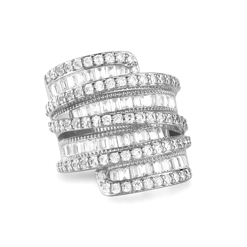 MDFUN 4 Rows Emerald Cut Cubic Zirconia Rings 18K White Gold/Yellow Gold Plated Statement Halo Eternity Wedding Ring Baguette Band for Women Size 5-10