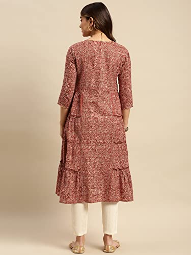 Image of rangita Cotton Calf Length Printed Tiered Flared Kurti for Women | Kurta for Women