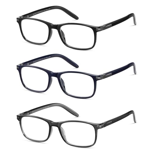 LKEYE Reading Glasses for Men Women Blue Light Blocking Rectangles Computer Readers Wide Frame with Spring Hinge Lightweight Square Eyeglasses LK6021 3pack (+1.75 Strength)