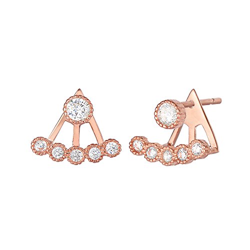 Sterling Silver 1 Row Mini Front Back 2 in 1 Cubic Zirconia Stud and Ear Jacket Earrings Set (14K Rose Gold Plated)