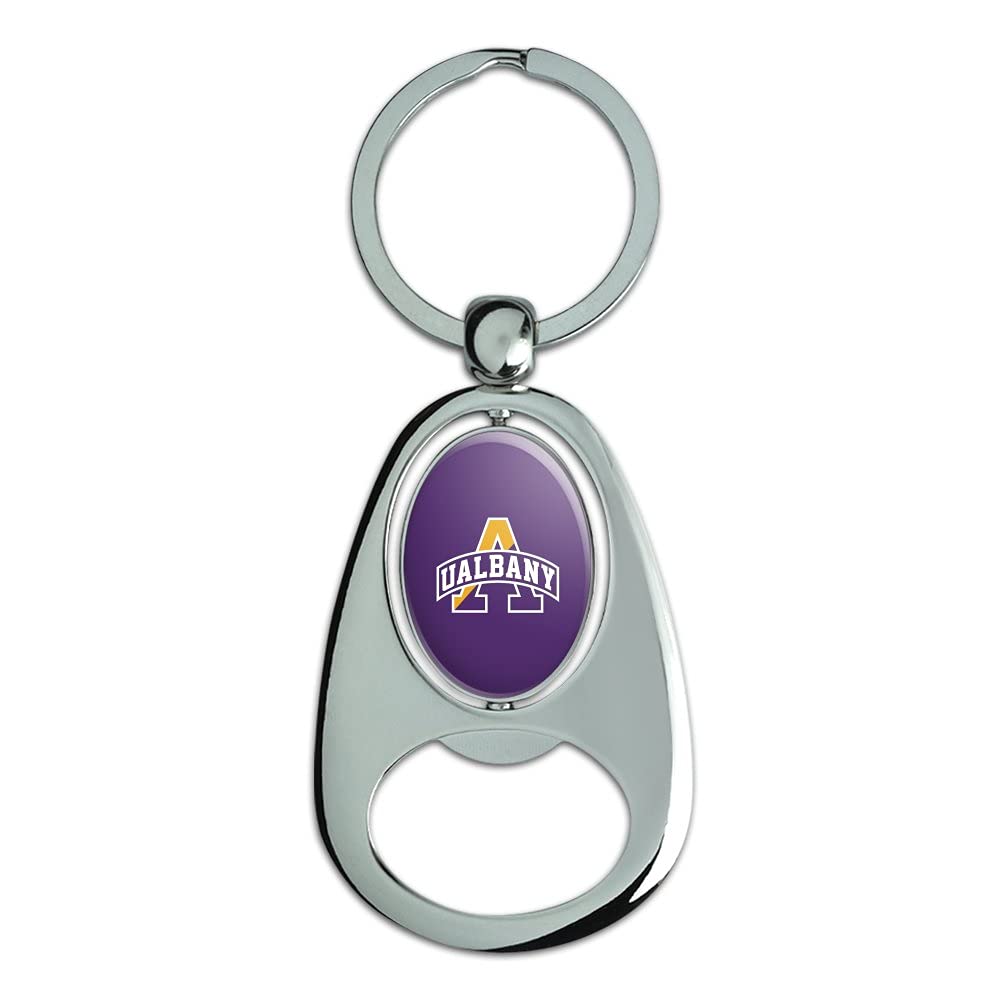 University at Albany Primary Logo Keychain Chrome Metal Spinning Oval Bottle Opener