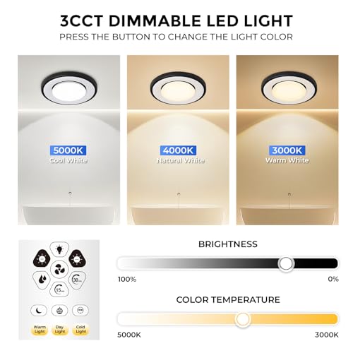 Image of Akicon Bathroom Exhaust Fan with RGB LED Mode, 110 CFM 1.5 Sone Ultra Quiet Bathroom Vent Fan with 3CCT Light & Nightlight, Ceiling Mount, Remote Control, Round (Black)