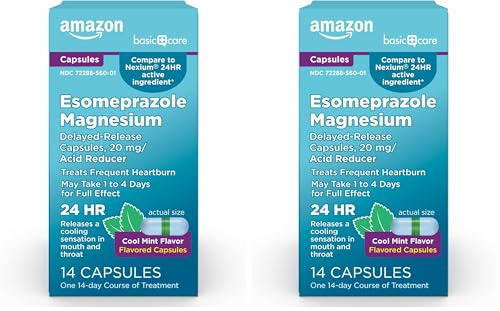Image of Amazon Basic Care Esomeprazole Magnesium Delayed-Release Capsules 20 mg, Acid Reducer, Cool Mint, 14 Count (Pack of 2)