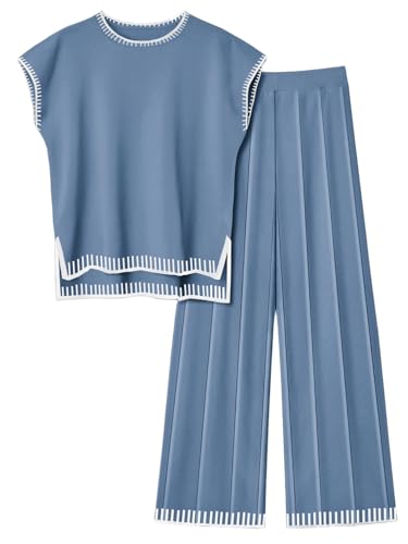Image of Ekouaer Womens Matching Sets Knit Sweater Sets 2 Pieces Lounge Set | Pullover Tops Wide Legs Pants Casual Outfits