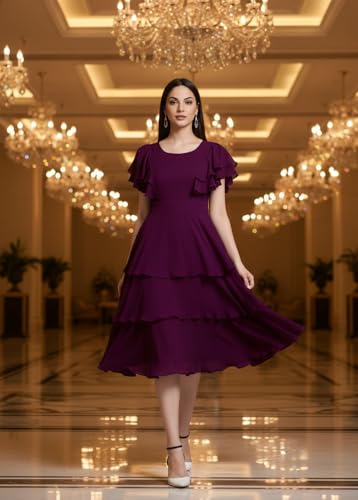 Image of Women Layered Georgette Fit & Flare Midi Dress | Round Neck Flutter Sleeve Knee Length Dress | Tiered Party Dress for Women Evening and Casual Styling