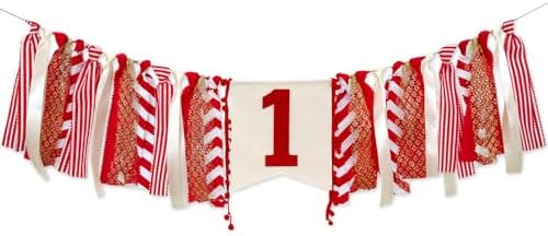 1st High Chair Banner - Gold & Red Theme For Baby's First Birthday - Photo Booth Decor, Party Souvenir
