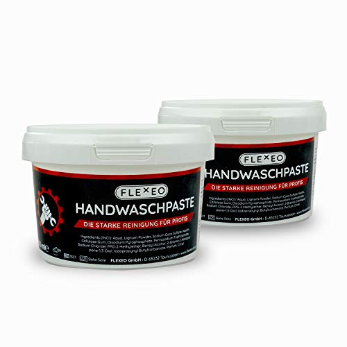 FLEXEO Handwaschpaste 2x - Der Handreiniger für Profis gegen starke Verschmutzungen wie Öl, Fett, Ruß - Handreinigungspaste in 500 ml Dose - Waschpaste/Händereiniger/Seife/Werkstatt/KFZ