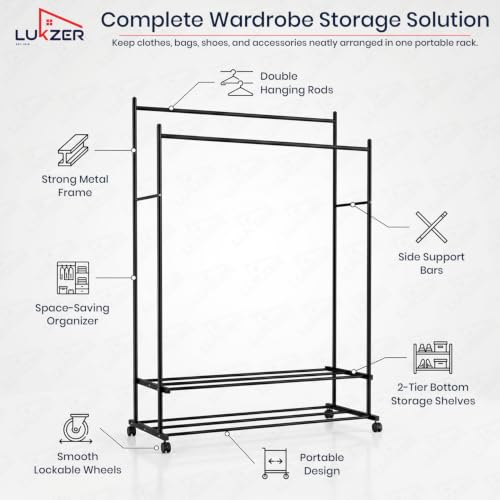 Image of Lukzer Double Rod Metal Garment Stand with Wheels & 2-Tier Storage Organiser Shelves, Portable Clothes Rack and Coat Hanger With Shoe Rack for Bedroom, Entryway & Boutique (Black /109 x 48 x 158 cm)