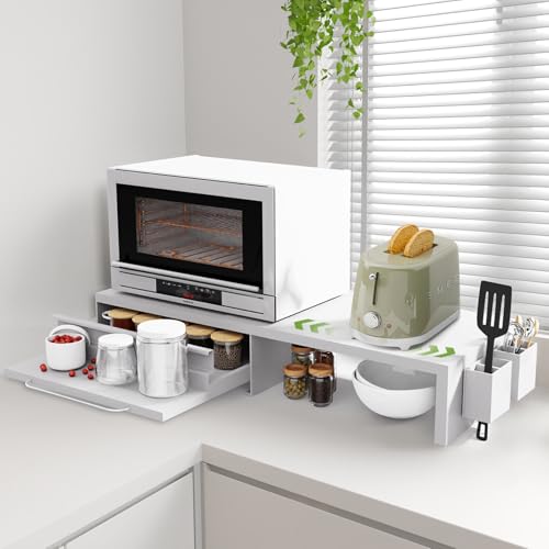 【インテリアコーディネーター監修】家電下収納 レンジ台 伸縮スライドテーブル 電子レンジ下ラック レンジ下収納 引き出し 幅48〜93cm スチール製 北欧風デザイン 国内サポート 【 完成品 取っ手のみ要取付 】ホワイト