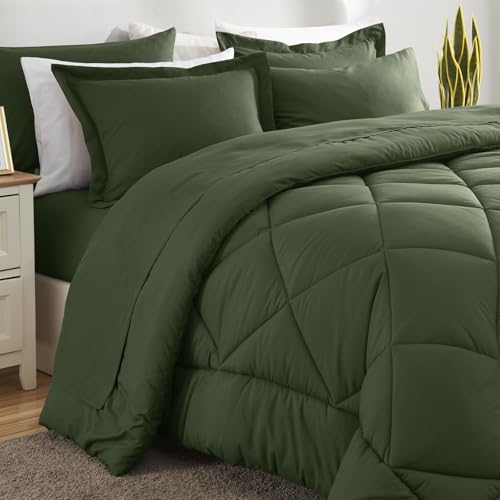 Image of CozyLux Queen Comforter Set Olive Green - Bed in a Bag Queen Size 7 Pieces, Luxury Soft Bed Set for All Seasons, Bedding Set with Down Alternative Comforter, Sheets, Pillowcases & Shams