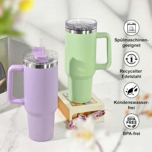 FECBK Thermobecher mit Strohhalm, Henkel und 2 Deckeln 1,2L, Schwarz – Ansicht 5