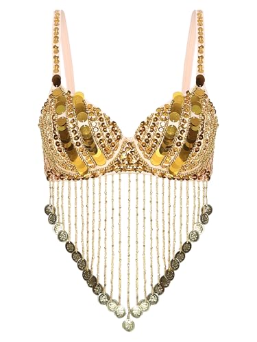 MSemis Top de dança da barriga para mulher sutiã de dança oriental com ornamentos de lantejoulas e franjas top de dança latina molho, Dourado A, M