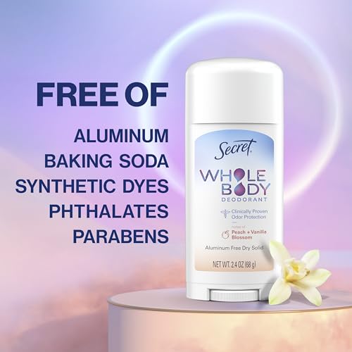 Secret Whole Body Deodorant Stick for Women, Naturally Derived Ingredients, Peach & Vanilla Scent, Aluminum Free Deodorant Stick, 72 HR Odor Protection, 2.4 oz