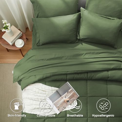 Anluoer Queen Comforter Set 7 Piece, Olive Green Bed in a Bag with All Season Bedding Comforter Sets, 1 Comforter, 2 Pillow Shams, 2 Pillowcases, 1 Flat Sheet, 1 Fitted Sheet