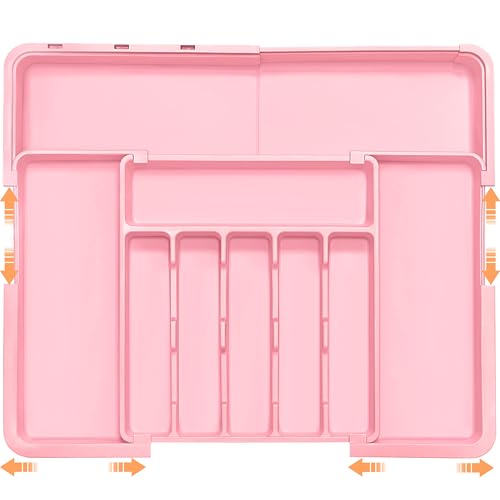 Silverware Organizer Expandable Kitchen Utensil Drawer Organizer Large BPA Free Adjustable Cutlery Silverware Tray for Spoons Forks Knives Storage Divider for Kitchen Flatware 6-9 Slots Pink