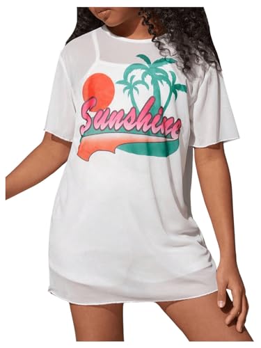 Image of SweatyRocks Girl's Tropical Print Cover Up Short Sleeve Swimsuit Cover up Beach Dress