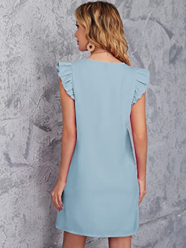 Image of Floerns Women's Solid V Neck Ruffle Trim Cap Sleeve Summer Tunic Dress