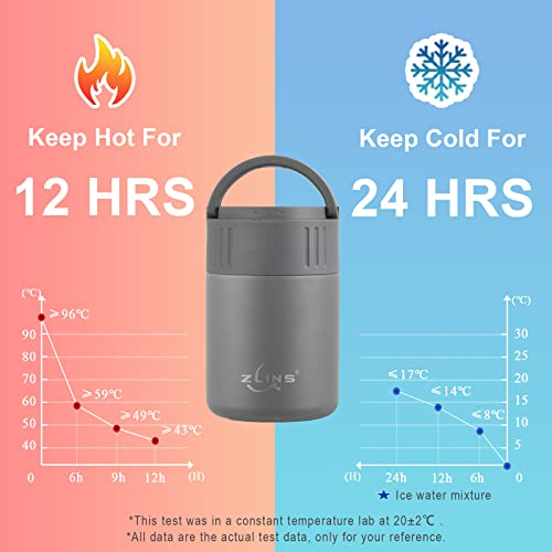 Zlins Insulated Food Jar 13 Oz, Foldable Spoon, Reusable Stainless Steel Lunch Thermos Container, Leak Proof Vacuum Lunch Storage For Soup Hot Cold, Portable Smoothie Bowl With Handle Lid (Grey) #TOP2