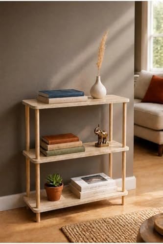 Modern Minimalist 3 Raflı Kitaplık Ahşap Ayaklı Çok Amaçlı Dekoratif Salon Ofis Düzenleyici Raf (Traverten mermer rengi)