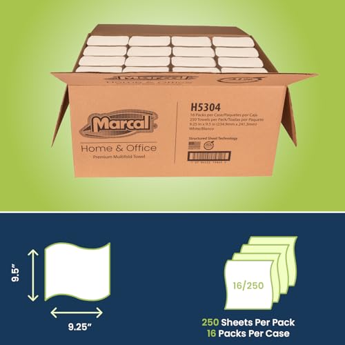 Marcal® Premium Multifold Paper Towels (H5304), 9.25” x 9.5” sheets, White, (250 Sheets/Pack, 16 Packs/Case, 4,000 Sheets/Case), Perfect for Home & Office, Away-from-Home Products, Bulk Towels