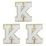 Aganmi 3PCS Chenille Iron on Letter Patches for Clothing,3.15 Inch Preppy Varsity Glitters Letters Patch Sew On Repair Alphabet Patches for Fabric Jeans Hats Bags Shoes DIY Craft (White K)