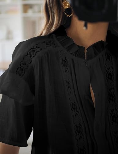 Women's Summer Blouse Short Sleeve Button Down Shirt Lace Trim Ruffles Round Neck Casual Work Top3