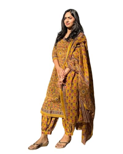 KLOSIA Women Printed Kurta and Pant Set with Dupatta (Large) Mustard Yellow