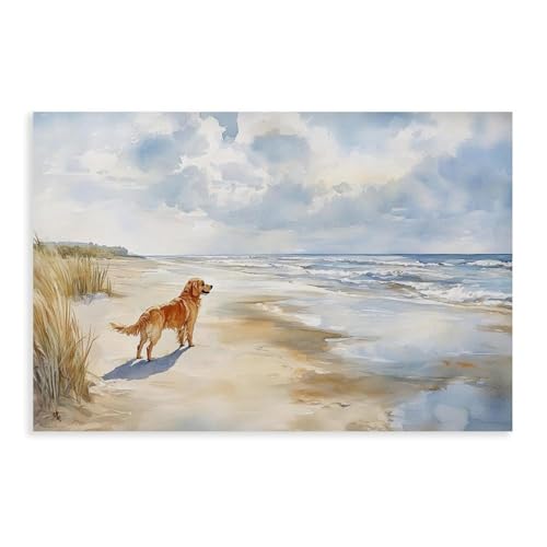 GEHKAI Coastal Dog Poster Print, Golden Retriever Beach Wall Art