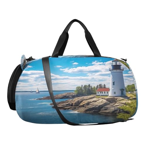 YETTASBIN Sport Travel Duffel Bag for Girls Boys, Lighthouse Large Waterproof Weekender Overnight Bag, Detachable Shoulder Strap Gym Bag with Shoe Compartment & Wet Pocket2