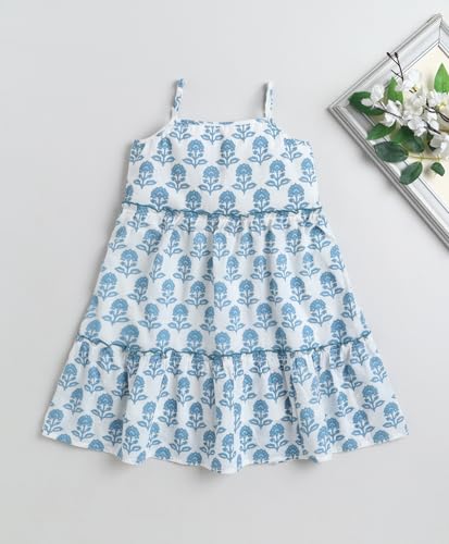 Image of The Magic Wand Kids Girls Printed Cotton Summer Dresses, Knee Length Sleeveless Casual Western Stylish One Piece Fit & Flared Frock for Beach & Vacations