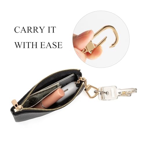 Image of Full Grain Leather Coin Purse with Key Chain - Small Change Purse Keychain Card Holder Keychain Pouch Small Keychain Wallet for Women and Men (Black - Large Size)