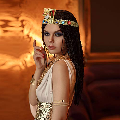 Hicarer 3 Pieces Egyptian Costume Accessories, Gold Metal Snake Arm Cuffs & Cobra Headpiece for Women & Girls