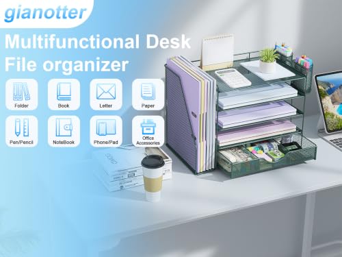 Image of gianotter 5-Tier Desk Organizer with Drawers and File Holders | Letter Trays and Pen Holders - Workspace Accessories for Office Supplies (Green)